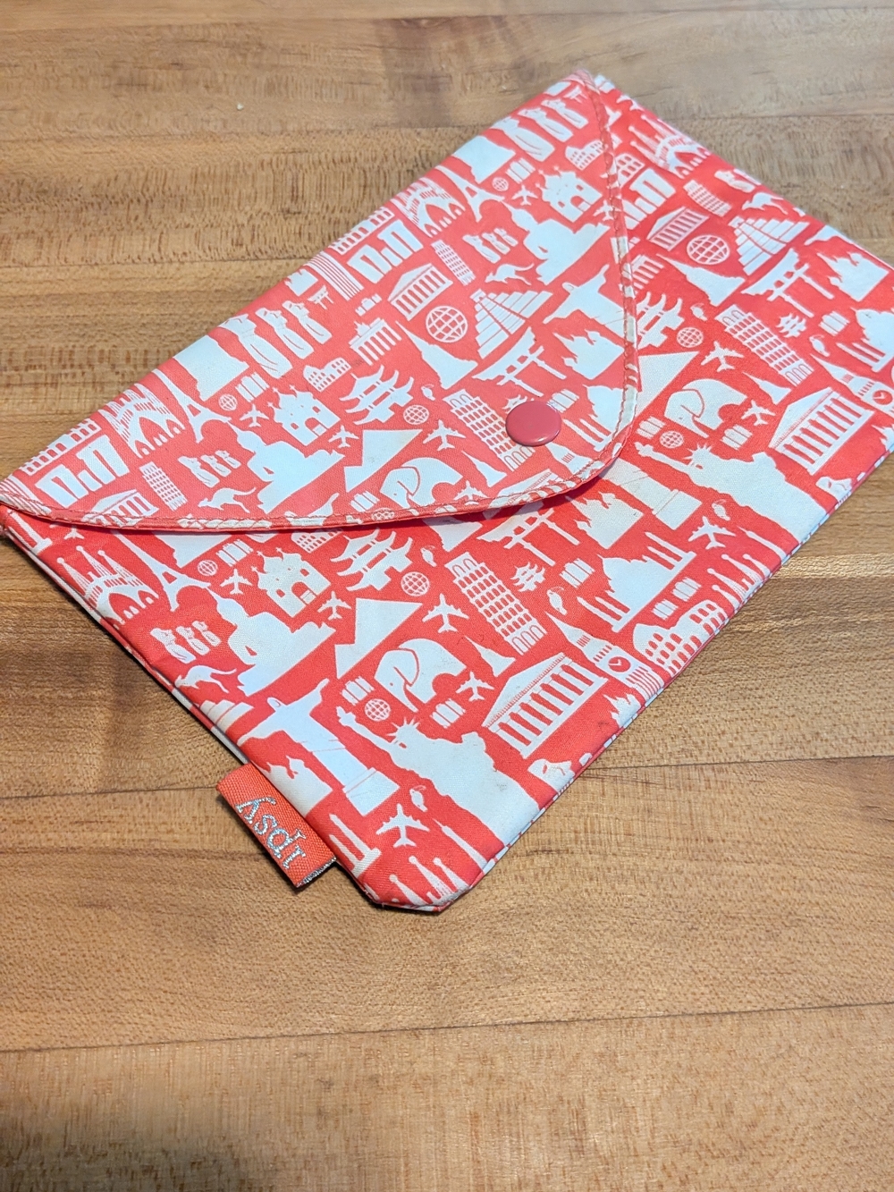 IPSY Coral Red Travel Landmarks Print Envelope Clutch Cosmetic Makeup Bag